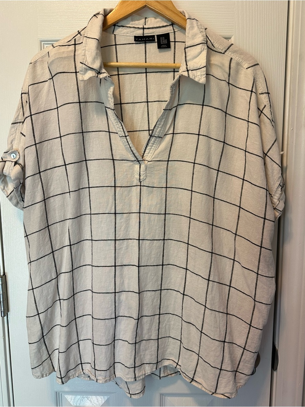 Tahari Cream Button-Front Tunic with Black Grid
